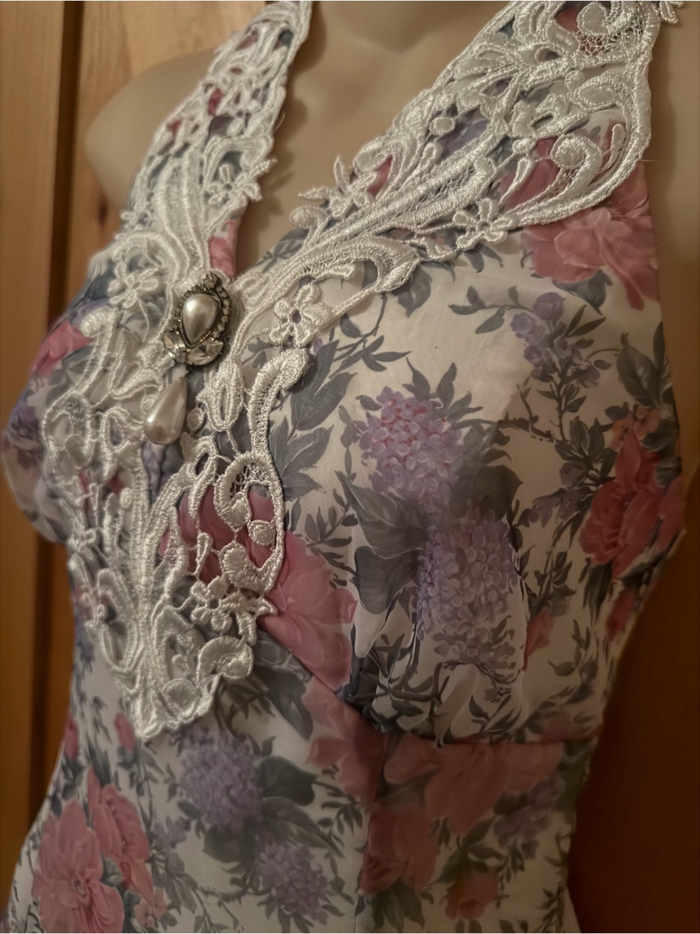 Vintage 90s Scott McClintock Floral Fairycore Halter Maxi Dress Lace, S - Picture 5 of 15